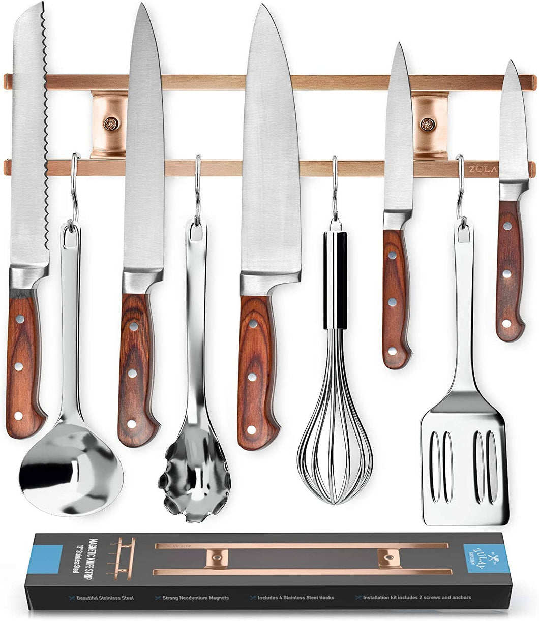 Stainless Steel Knife Magnetic Strip With Hanging Hooks Copper