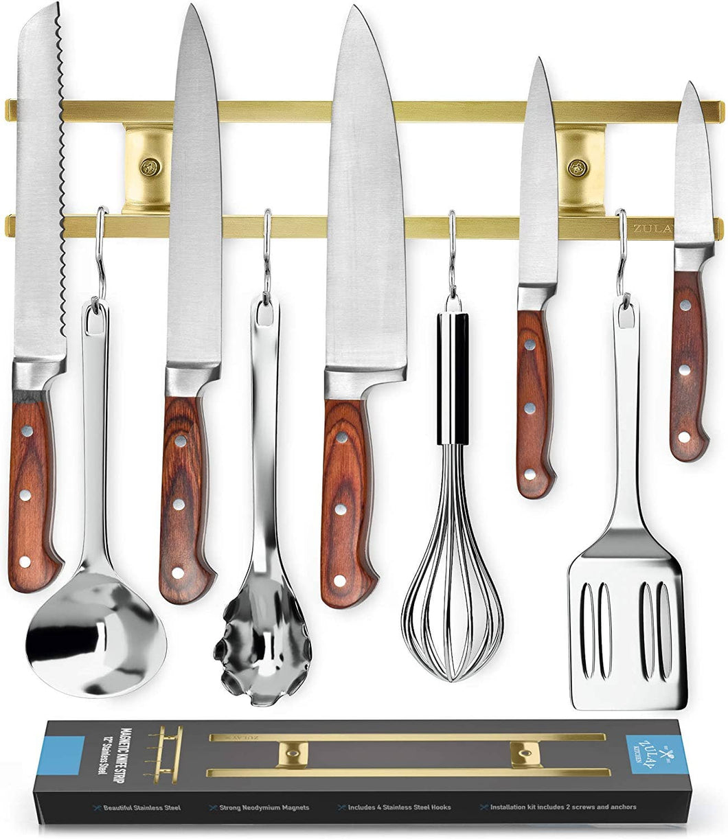 Stainless Steel Knife Magnetic Strip With Hanging Hooks Gold
